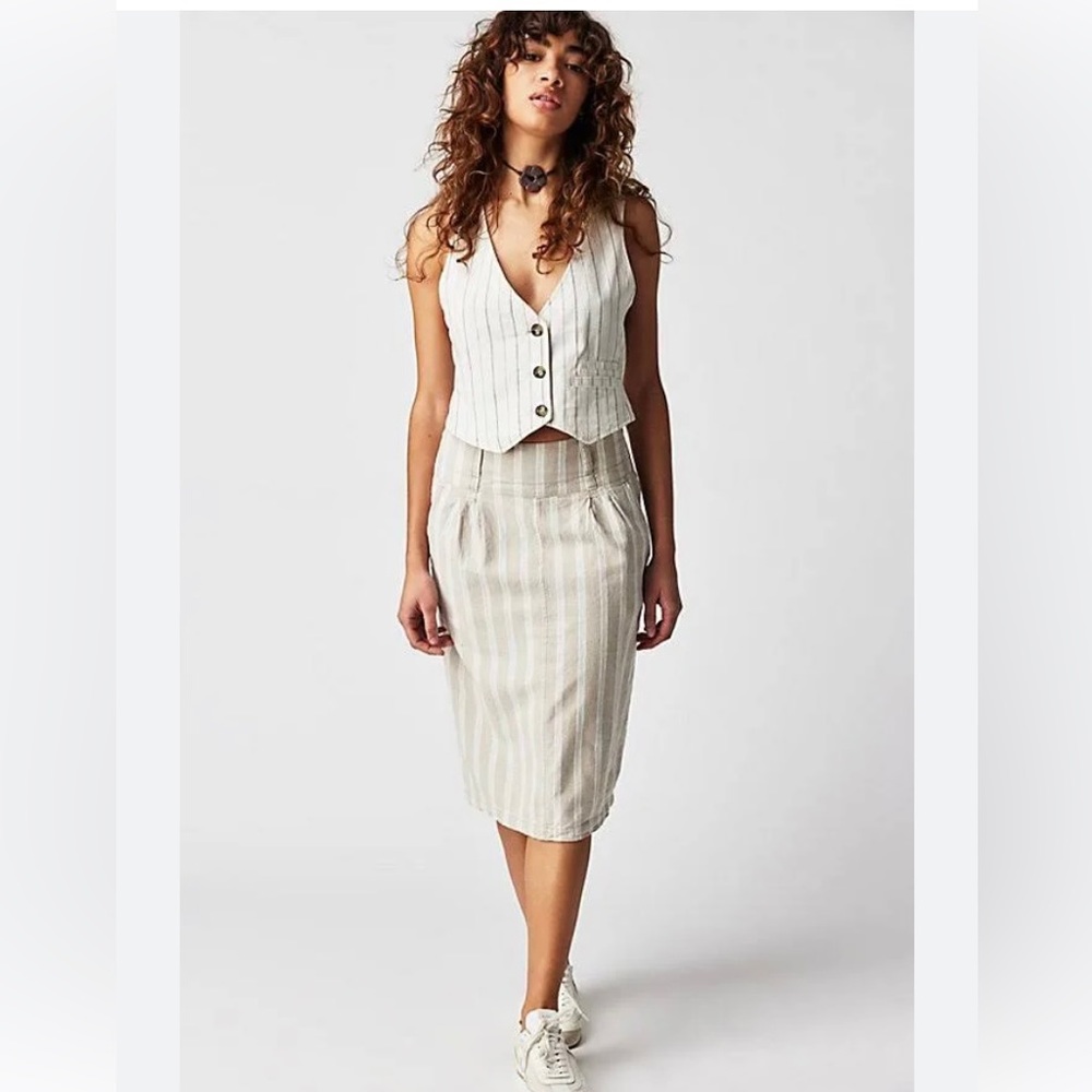 NWT Free People Juniper Beige Striped Midi Skirt